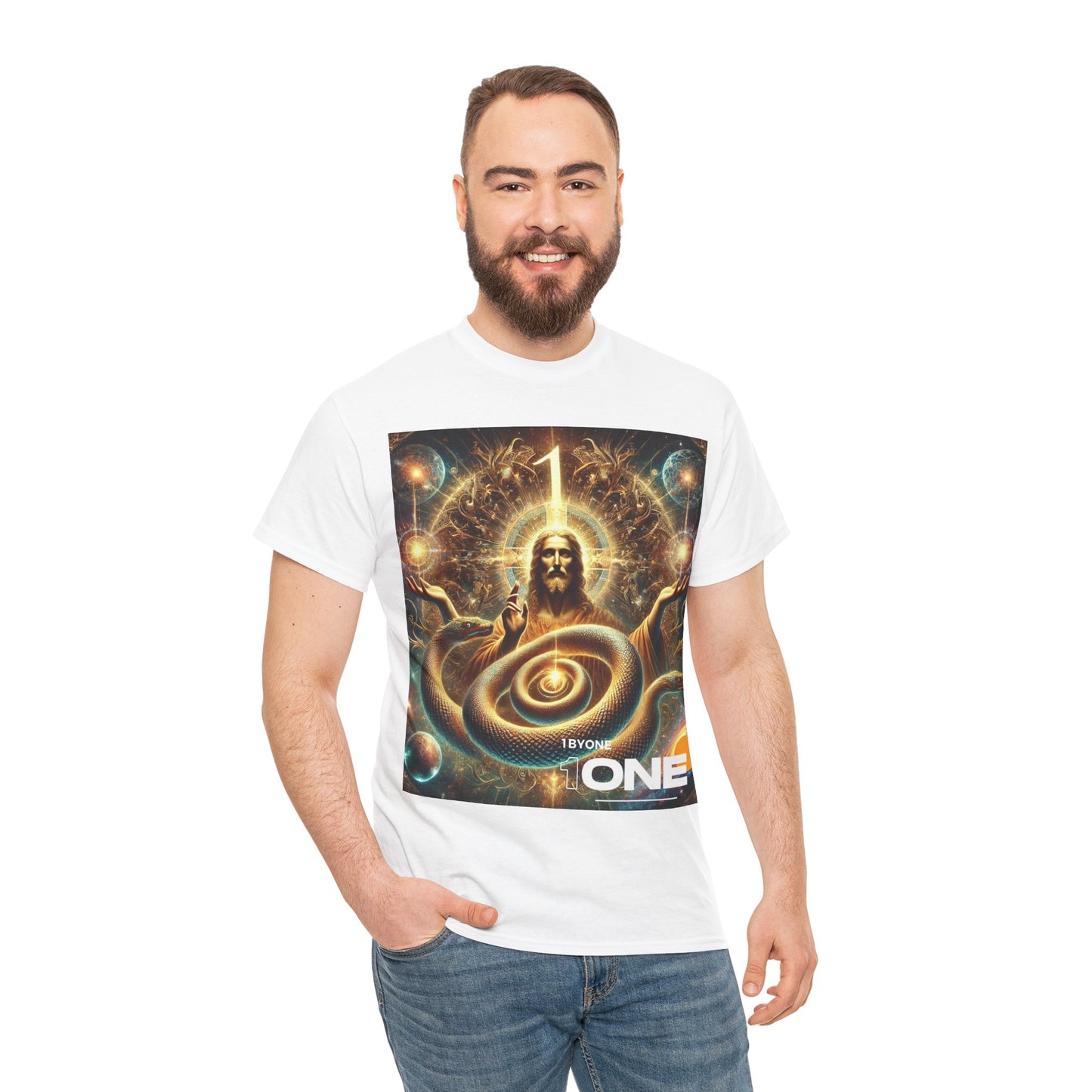 1 By One 1ByOne Delivery 1-2 Days  Cosmic Snake Jesus Design TShirt Bold Spiritual Art Unique Fashion Cosmic Enthusiasts Premium Cotton High Quality Apparel Shop Online”