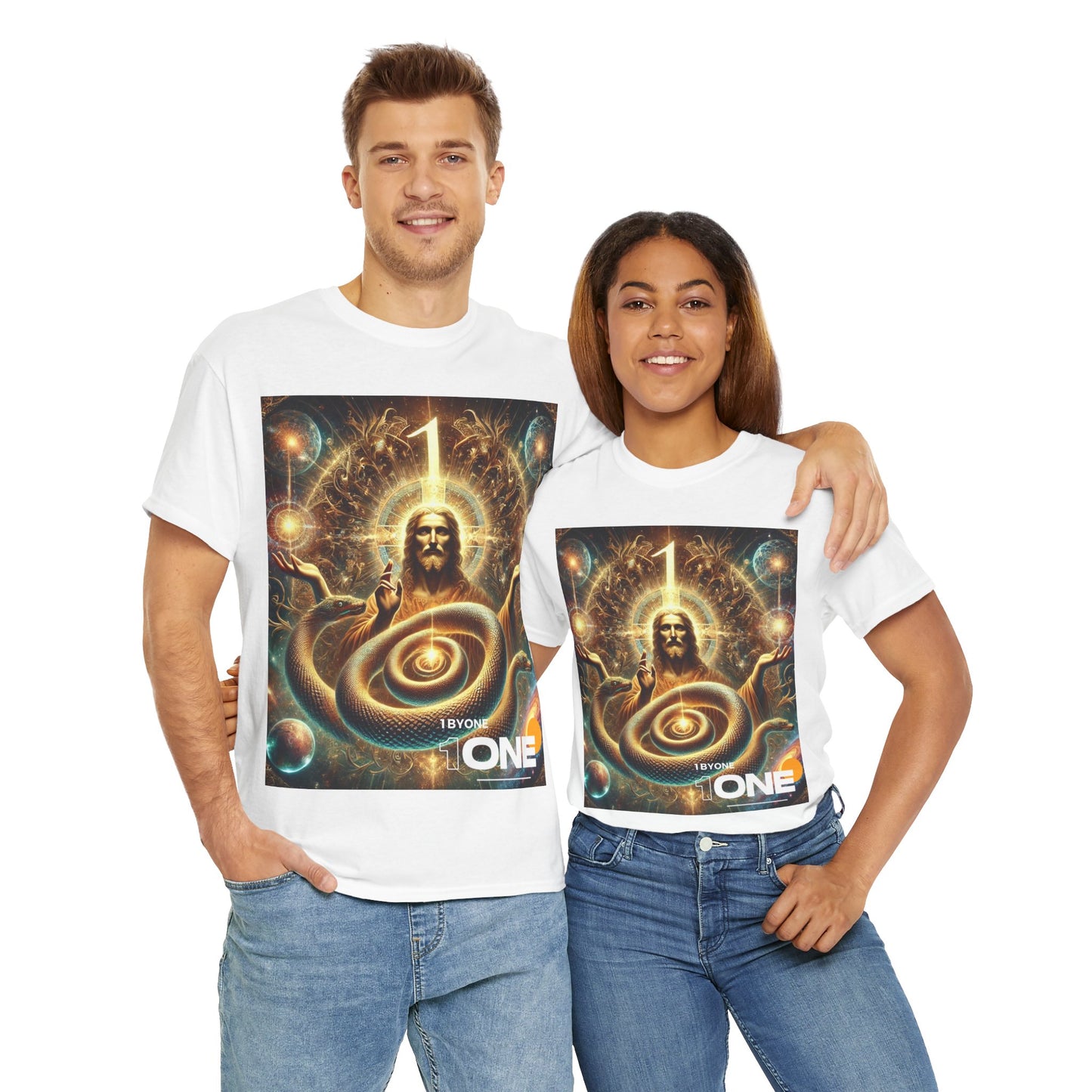 1 By One 1ByOne Delivery 1-2 Days  Cosmic Snake Jesus Design TShirt Bold Spiritual Art Unique Fashion Cosmic Enthusiasts Premium Cotton High Quality Apparel Shop Online”