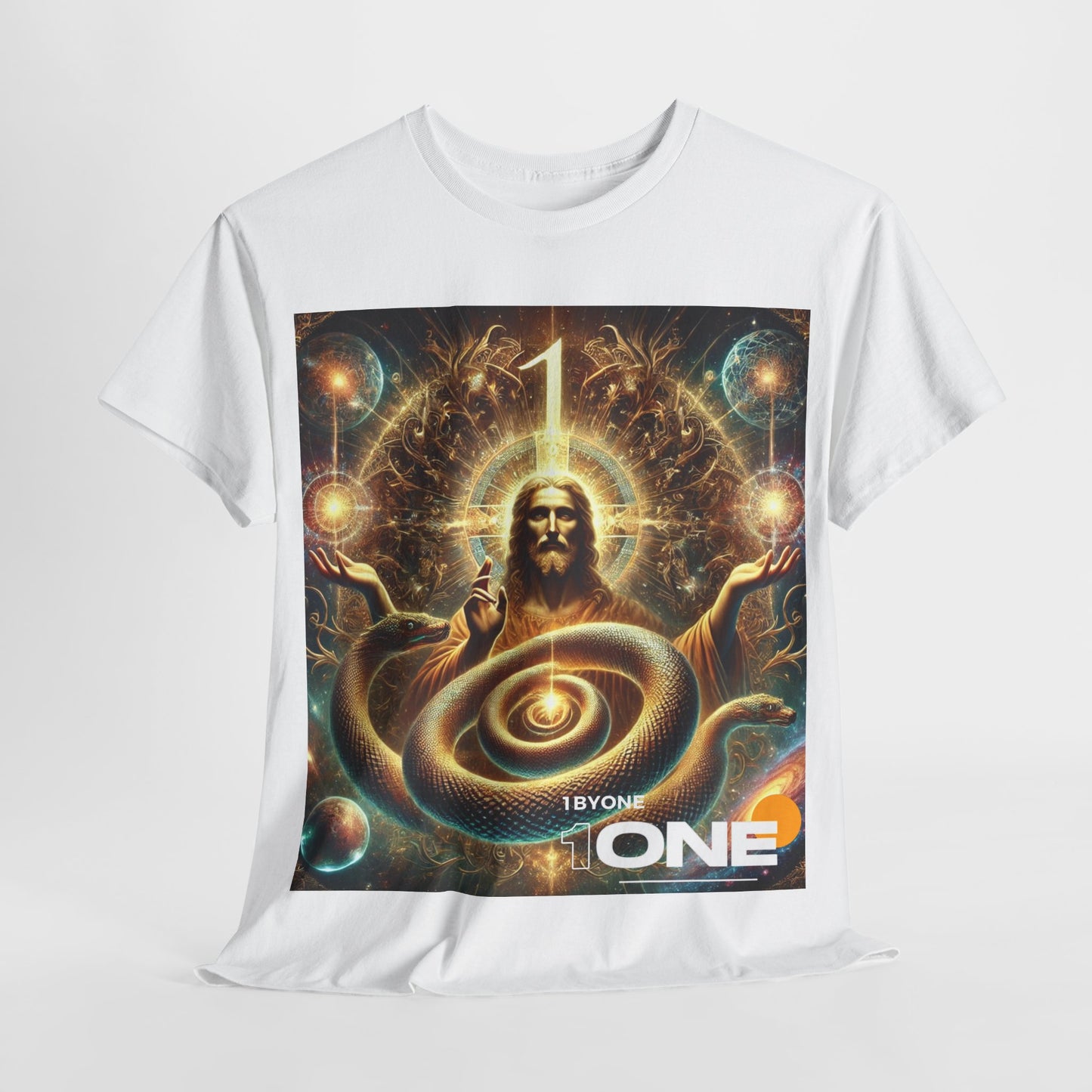 1 By One 1ByOne Delivery 1-2 Days  Cosmic Snake Jesus Design TShirt Bold Spiritual Art Unique Fashion Cosmic Enthusiasts Premium Cotton High Quality Apparel Shop Online”